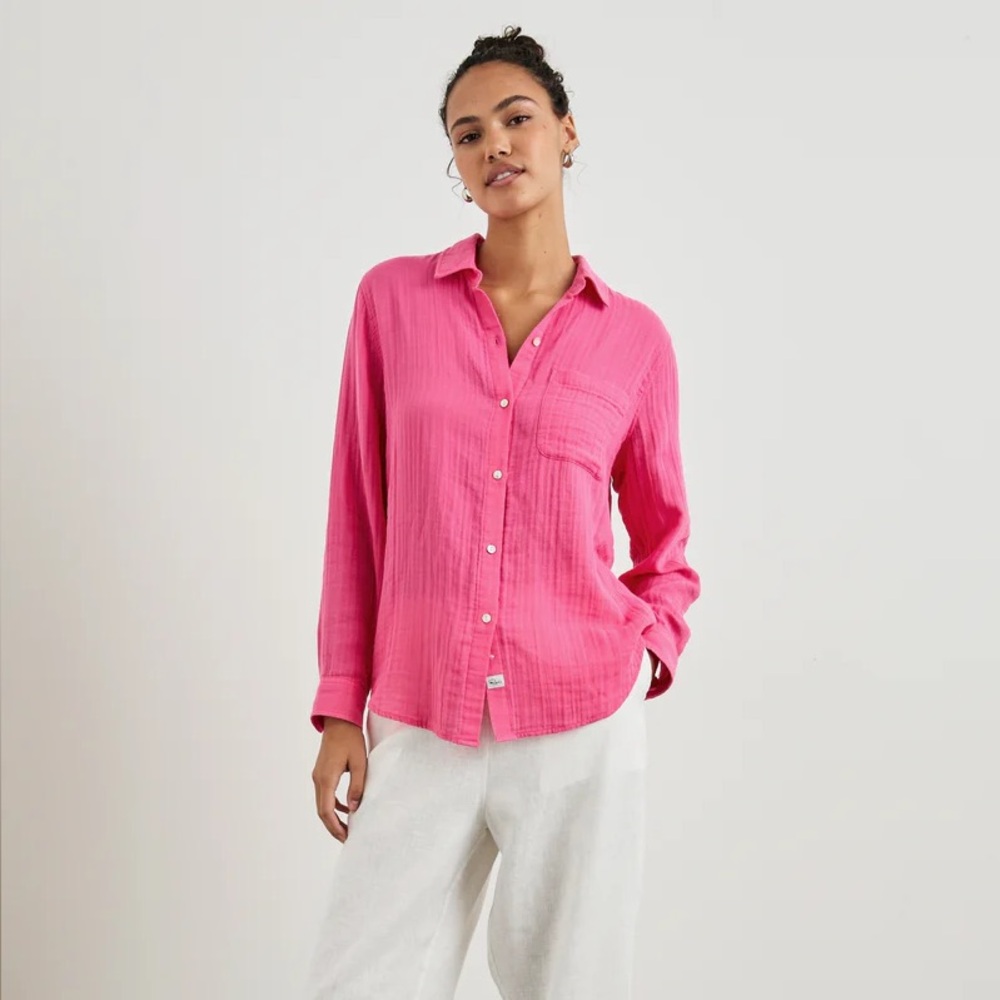 Rails Ellis Gauze Button Down Shirt Pink Hibiscus Organic Cotton M - Picture 4 of 11